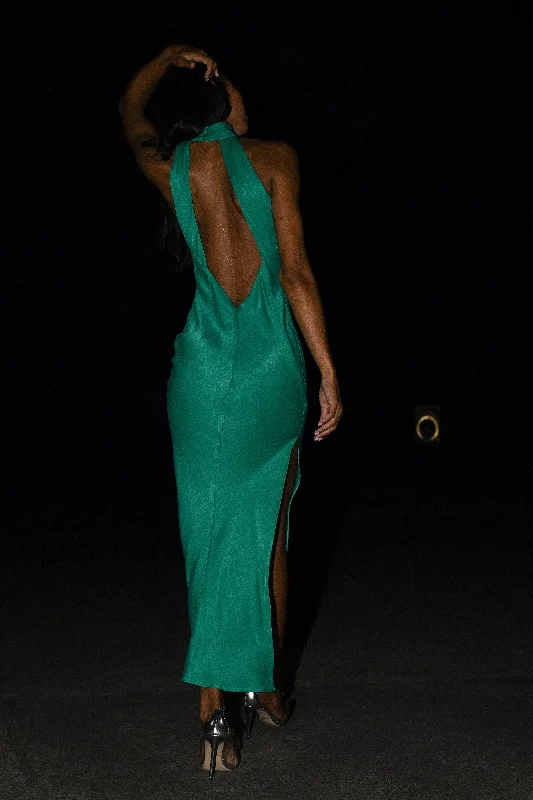 Claire Satin Drape Back Maxi Dress with Split - Green