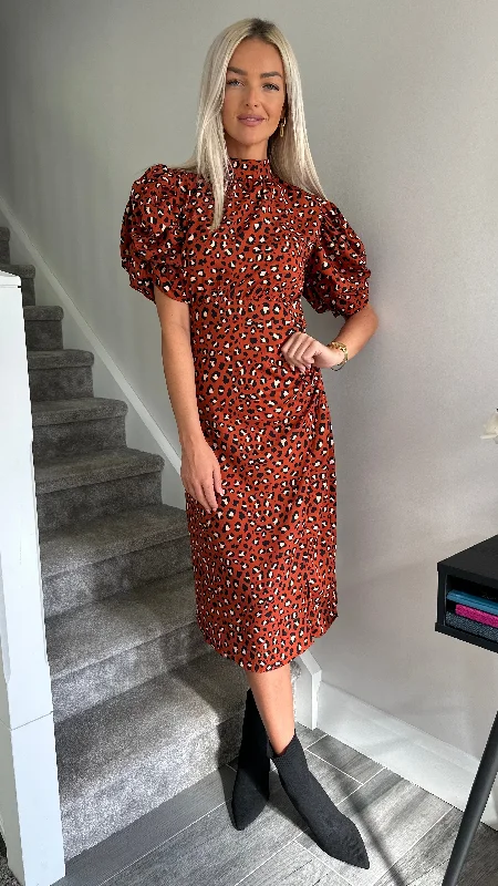 Claudia Rust Leopard Print Puff Sleeve Ruched Midi Dress