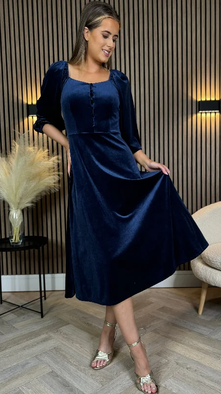 Darcy Navy Puff Sleeve Velvet Midi Dress