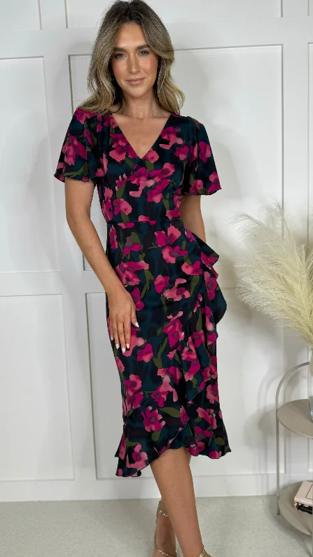 Steph Pink Floral V Neck Frill Midi Dress