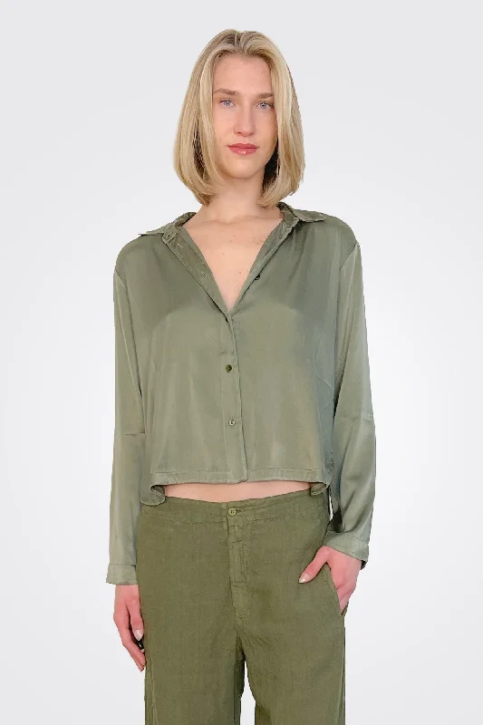 Long Sleeve Stretch Silk Satin Shirt - Green