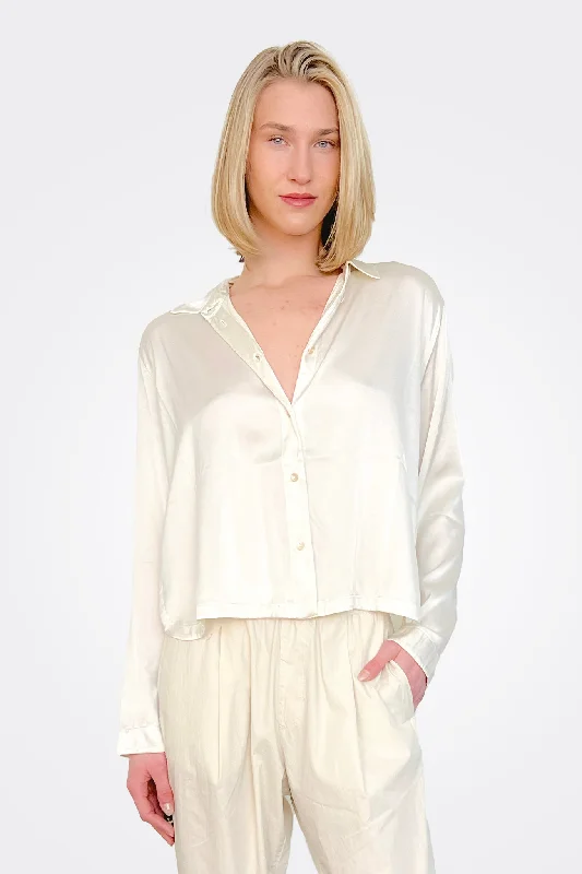 Long Sleeve Stretch Silk Satin Shirt - Ivory