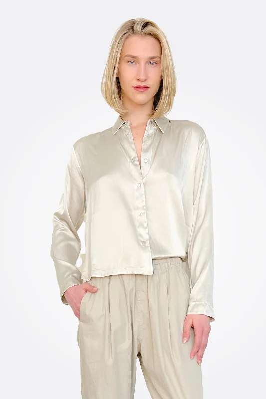 Long Sleeve Stretch Silk Satin Shirt - Pearl Grey