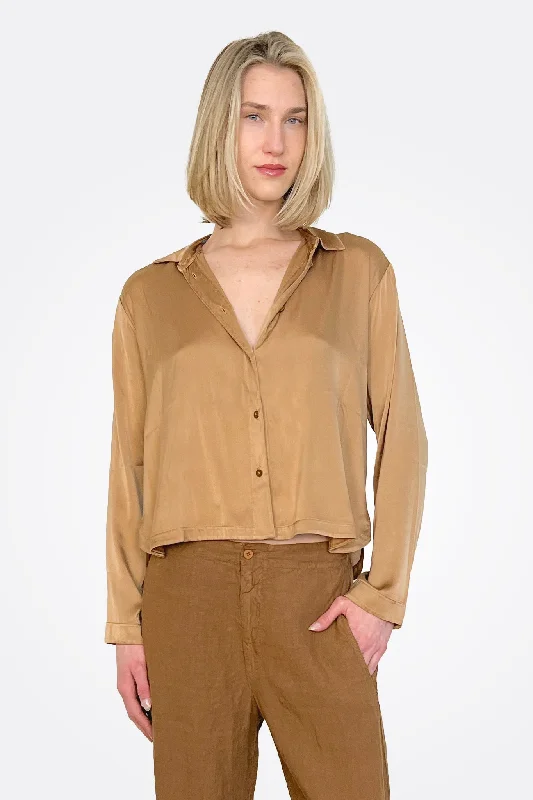 Long Sleeve Stretch Silk Satin Shirt - Rust