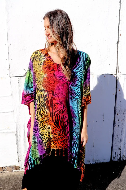 Short Kaftan With Tassels In Rainbow Animal