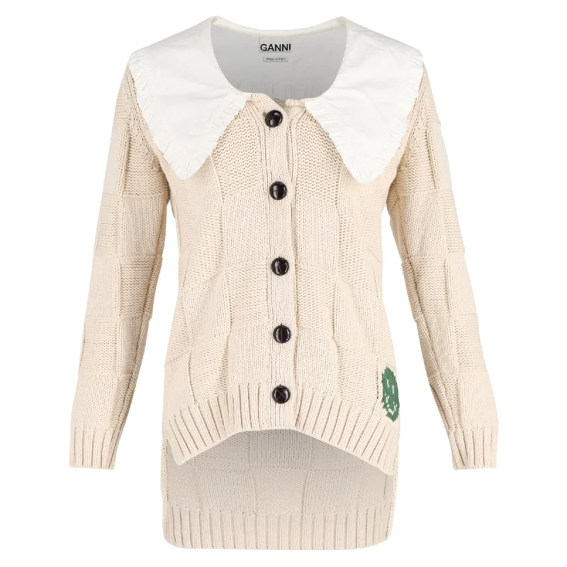 Ganni Rope Collared Cardigan in Cream Cotton