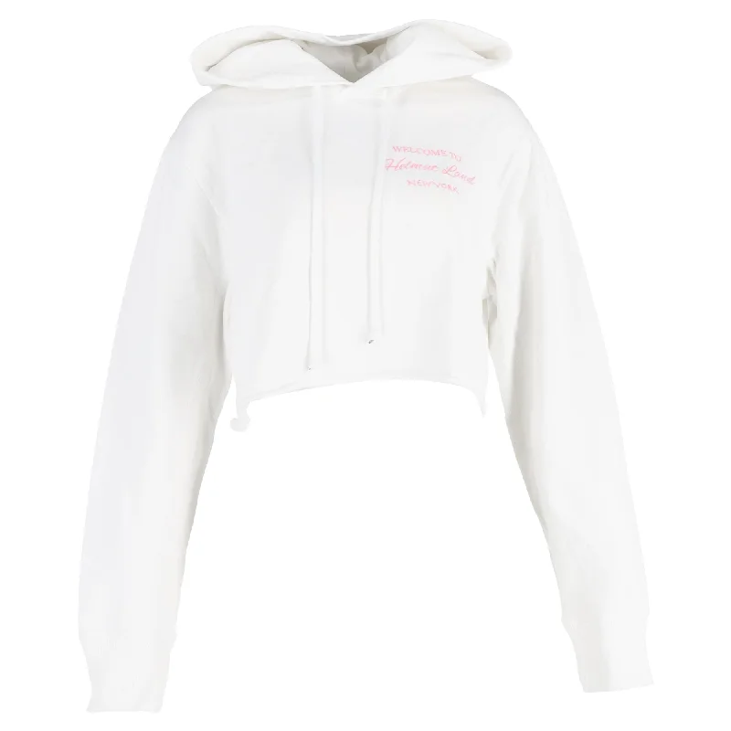 Helmut Lang Cropped Slogan Embroidered Hoodie In White Cotton