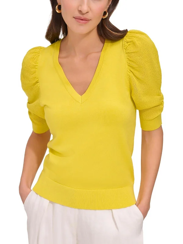 Womens Pointelle V-Neck Pullover Sweater