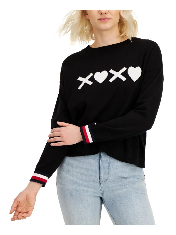 XOXO Womens Ribbed Trim Graphic Crewneck Sweater