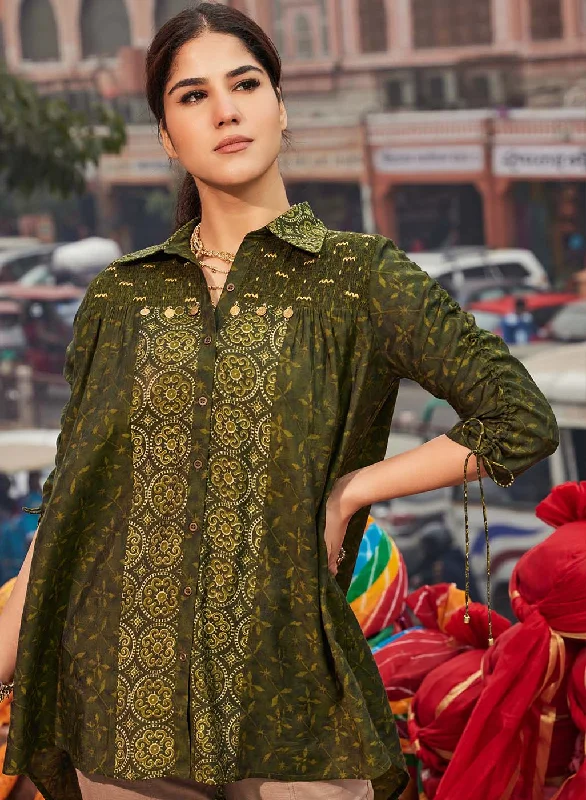 Bottle Green Printed Chanderi Long Shirt For Women