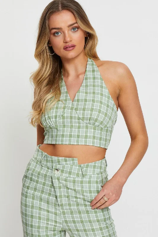 Check Crop Top Sleeveless Halter