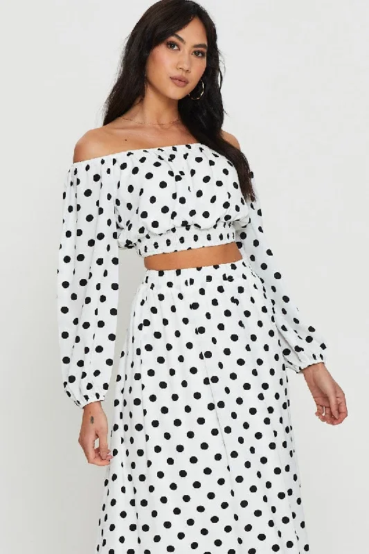 Polka Dot Crop Top Long Sleeve Off Shoulder