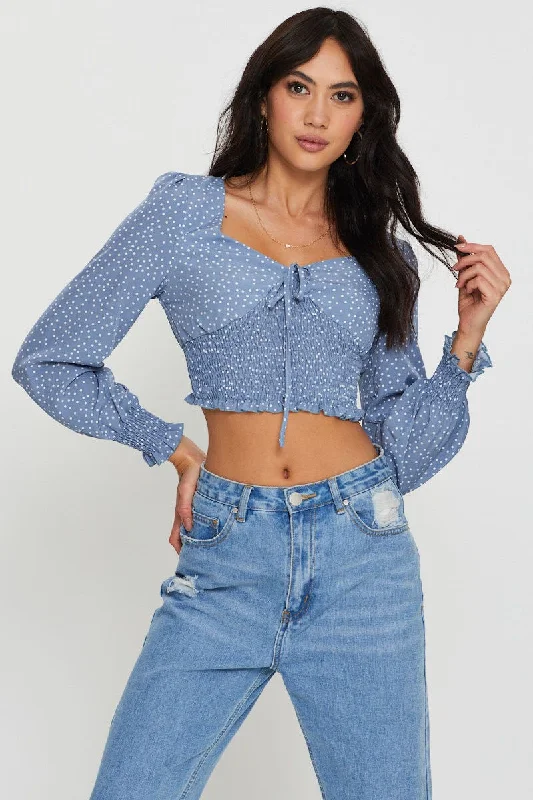 Print Crop Top Long Sleeve Square Neck