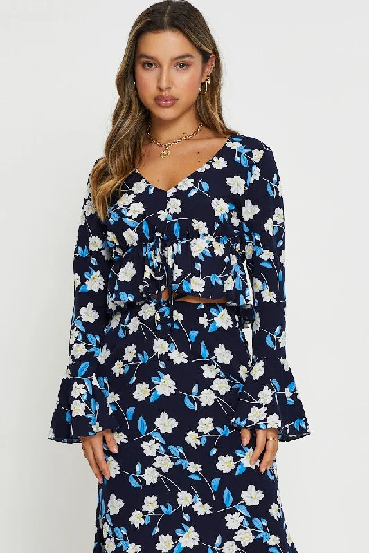 Print Peplum Top Long Sleeve Off Shoulder