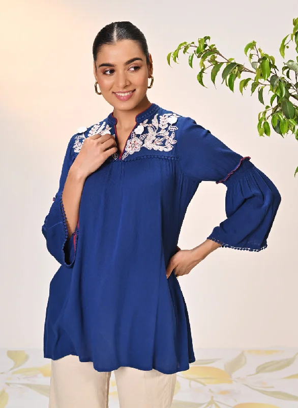 Rifa Electric Blue Embroidered Crinkled Crepe Top for Women