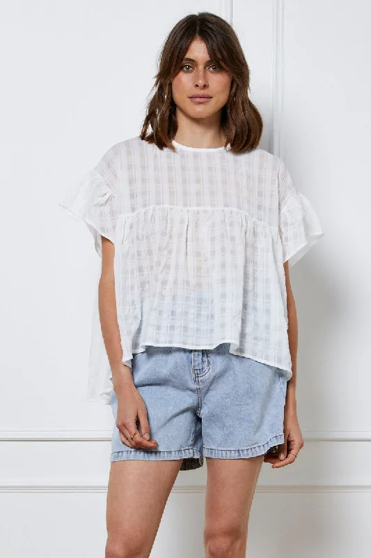 White Top Short Sleeve Crew Neck Linen