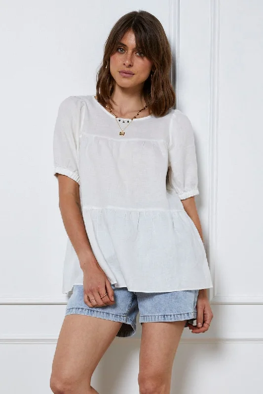 White Top Short Sleeve Relaxed Linen