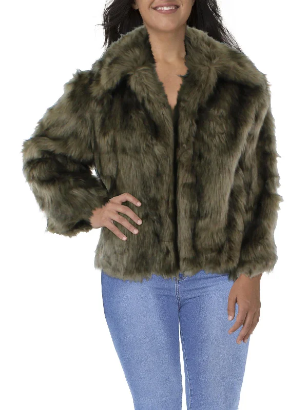 Moon Womens Long Sleeves Open Front Faux Fur Coat