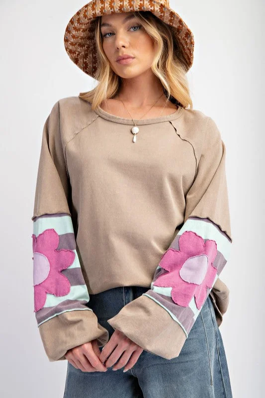 Flower Sleeve Washed Mushroom Top