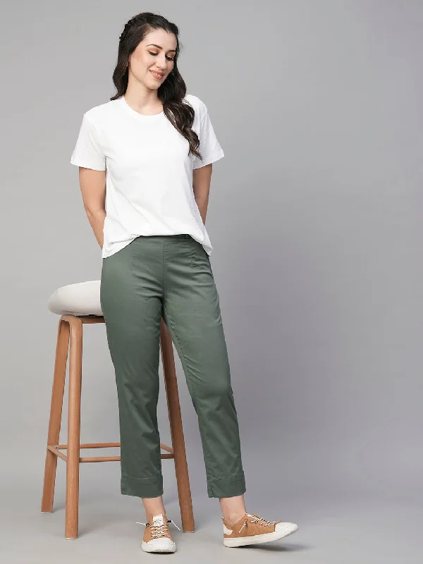 Women's Grey Cotton Elastane Regular Fit Pant