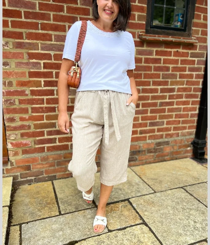 Oatmeal Linen Blend Crop Trousers