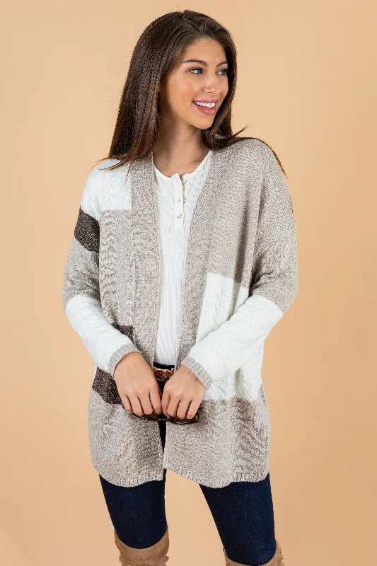 Stay A While Taupe Brown Colorblock Cardigan